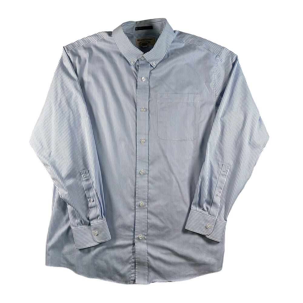 Duluth Men Wrinklefighter Magnet Large Blue White Stripe Long Sleeve 100% Cotton